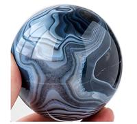 HHCTEBEC Sphère de Pierre d'agate Noire à Rayures Naturelles avec Support en Bois, Cristaux de guérison Ronds, Boule de Cristal polie décorative, décoration pour Maison Feng Shui décoratif,65MM