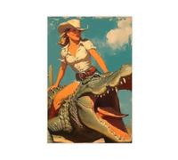 HHFDDSWY Poster rétro cowgirl sur un alligator western art décoratif (4)