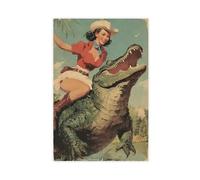 HHFDDSWY Poster rétro cowgirl sur un alligator western art décoratif (6)