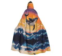 HHGFASD Cape d'Halloween à capuche pour adulte Motif baleine sautant par-dessus les vagues, confortable et doux avec grand bord adapté pour les fêtes de danse et les rassemblements