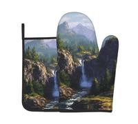 HHGFASD Ensemble de 2 gants de cuisine résistants à la chaleur et coussinets isolants Motif cascade dans la vallée verte