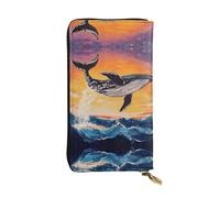 HHGFASD Portefeuille long en cuir motif baleine sautant par-dessus les vagues, fermeture éclair confortable et légère pour ranger les pièces de monnaie et les cartes de crédit.