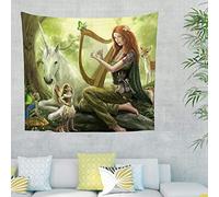 HHLSS Impression murale 150 x 150 cm Anime fée fée elfe licorne vert forêt fantaisie tapisserie belle fille licorne arbre pays des merveilles tapisserie murale