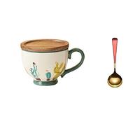 Hhmmei2024-23 Tasse à cappuccino Tasse de petit déjeuner couleur sous glaçure peinte à la main, tasse flocons d'avoine, chauffante, boire avec couvercle, cuillère Tasse à café