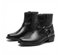 HHMYJUQA Bottes D'équitation Homme Hiver Cuir Vintage Bottines De Moto | Boucles Bottes Cowboy Rétro À Bout Carré Hommes Harnais Boot Casual Hiver Bottes De Motard Avec Fermeture Éclair Latérale