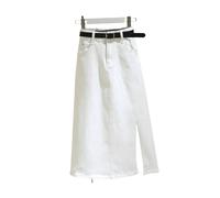HHNNL Jupe en Jean Jupe en Jean Blanc pour Femmes, Taille Haute, Jean Mince, Jupes À Mi-Longueur, Division Latérale, Ligne A-Blanc sans Ceinture-XL
