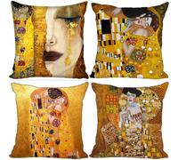 HHQGOUYG Housse de Coussin 45x45cm Set de 4, Jaune Gustav Klimt Taie d'oreiller décorative Art Moderne Housse d'oreiller en Doux esthétique pour canapé Home Decor avec Fermeture éClair Invisible P-44