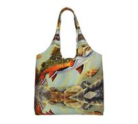 hhxvcv Grands sacs fourre-tout en toile avec impression de pêche à la truite de ruisseau - Sacs d'épicerie et de courses réutilisables pour voyage, plage, vie quotidienne, Brook Trout Fly Fishing