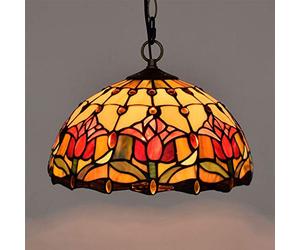 HHYHOME Éclairage De Style Tiffany Plafonnier Suspendu Tulipe Rouge Créative Lustre En Vitrail Rétro Européenne Chambre Salon Salle À Manger Cuisine Véranda Corridor Light Gift 12 Pouces