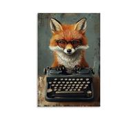HHYXMJLL Art Animals Poster mural décoratif Motif renard hipster avec de minuscules lunettes tapant sur une machine à écrire vintage 60 x 90 cm