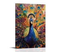 HHYXMJLL Peinture à l'huile animale - Affichage de paon coloré - Plumes vibrantes déployées dans une danse de beauté irisée - Décoration murale élégante - Poster décoratif - 50 x 75 cm