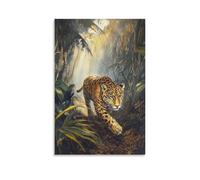 HHYXMJLL Peinture à l'huile animale d'un Jaguar sur sentier anciens chemins de la jungle, corps doré traversant les brumes filtrées par le soleil. Poster mural élégant à suspendre - 40 x 60 cm