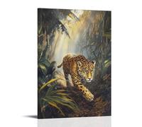 HHYXMJLL Peinture à l'huile animale d'un Jaguar sur sentier anciens chemins de la jungle, corps doré traversant les brumes filtrées par le soleil. Poster mural décoratif élégant 50 x 75 cm