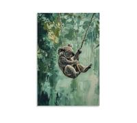 HHYXMJLL Peinture à l'huile animale d'un koala naviguant dans des tyroliennes d'auvent, pattes écartées contre une forêt tropicale pastel, toile verte. Décoration murale élégante - Poster décoratif 60
