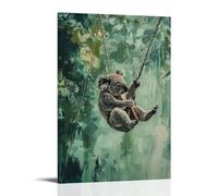 HHYXMJLL Peinture à l'huile animale d'un koala naviguant dans des tyroliennes d'auvent, pattes écartées contre une forêt tropicale pastel, toile verte. Décoration murale élégante - Poster décoratif 20