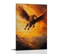 HHYXMJLL Peinture à l'huile animale d'un lion volant au-dessus des vallées dorées, crinière traînant contre un ciel d'aube ardent. Décoration murale élégante - Poster décoratif 40 x 60 cm