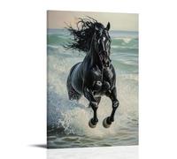 HHYXMJLL Peinture à l'huile animale - Étalon noir puissant galopant à travers les vagues de l'océan avec des reflets spectaculaires de la écume de mer - Affiche murale décorative 50 x 75 cm