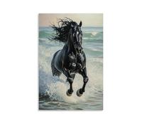 HHYXMJLL Peinture à l'huile animale - Étalon noir puissant galopant à travers les vagues de l'océan avec des reflets spectaculaires de l'écume de mer - Poster mural décoratif 30 x 45 cm