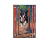 HHYXMJLL Peinture à l'huile animale - Un chien sprint à travers un cours d'agilité, tissage entre pôles. Décoration murale élégante - Poster décoratif 40 x 60 cm