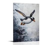 HHYXMJLL Peinture à l'huile animalière d'un pingouin parachutisme à travers le ciel arctique, frisson encadré sur un fond blanc acier. Décoration murale élégante - Poster mural décoratif 50 x 75 cm