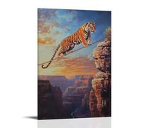 HHYXMJLL Peinture à l'huile animalière d'un tigre slacklining sur un canyon profond, équilibrant contre un ciel de coucher de soleil chaud fondu. Décoration murale élégante - Poster décoratif 40 x 60