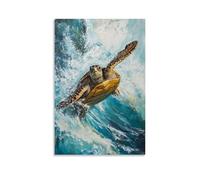 HHYXMJLL Peinture à l'huile animalière d'une tortue chevauchant des rapides rapides comme un kayaker, pagayer sur une toile à l'huile azur lisse. Décoration murale élégante - Poster décoratif 30 x 45