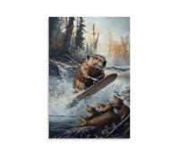 HHYXMJLL Peinture à l'huile animalière - Un castor skiant passé son barrage en tant que amis acclament de la rivière - Poster décoratif mural 20 x 30 cm