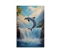 HHYXMJLL Peinture à l'huile animalière - Un dauphin sautant d'une cascade dans des rapides de canyon dans une falaise - Décoration murale élégante - 50 x 75 cm