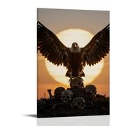 HHYXMJLL Poster mural décoratif avec bords dorés sur ses plumes représentant un vautour debout sur un tas de crânes, déployant ses ailes pour bloquer le soleil couchant, 50 x 75 cm