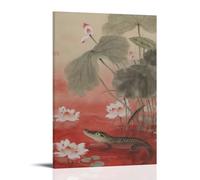 HHYXMJLL Poster mural décoratif avec inscription « A Crocodile Lurking at The Bottom of A Red Lotus Pond, Only Eyes And Back Scales Exposed, Petals Floating on The Water » - 60 x 90 cm