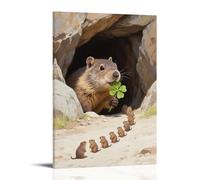 HHYXMJLL Poster mural décoratif avec inscription « A Groundhog Pokes Its Head Out of The Cave, Holding A Clover in Its Mouth », suivi d'une chaîne de petites marmottes de terre, 20 x 30 cm
