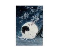 HHYXMJLL Poster mural décoratif décoratif avec motif renard à neuf queues enroulées sous la pleine lune, sa queue duveteuse qui brille faiblement, avec des fleurs de cerisier flottant autour de la