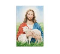 HHYXMJLL Poster mural décoratif Jésus tenant un agneau sur une herbe verte, yeux de compassion, 20 x 30 cm