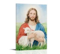 HHYXMJLL Poster mural décoratif Jésus tenant un agneau sur une herbe verte, yeux de compassion, 20 x 30 cm