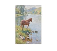 HHYXMJLL Poster mural élégant à suspendre avec inscription « A Horse by The River » et « Lowering Its Head to Drink Clear River Water » (40 x 60 cm)