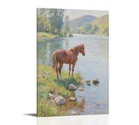 HHYXMJLL Poster mural élégant à suspendre avec inscription « A Horse by The River » et « Lowering Its Head to Drink Clear River Water » (40 x 60 cm)