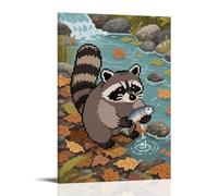 HHYXMJLL Poster mural élégant à suspendre avec inscription « A Raccoon Washing Food by The River Holding The Item with Paws » (50 x 75 cm)