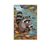 HHYXMJLL Poster mural élégant à suspendre avec inscription « A Raccoon Washing Food by The River Holding The Item with Paws » (50 x 75 cm)
