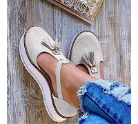 HHZY Femme Sandales Plateau Talon Compensé Sandales Bout Fermé Boucle Dames avec Gland Chaussures Plates pour Plage Vacances Extérieure,Beige,39