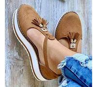 HHZY Femme Sandales Plateau Talon Compensé Sandales Bout Fermé Boucle Dames avec Gland Chaussures Plates pour Plage Vacances Extérieure,Marron,38