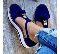 HHZY Femme Sandales Plateau Talon Compensé Sandales Bout Fermé Boucle Dames avec Gland Chaussures Plates pour Plage Vacances Extérieure,Bleu,42
