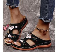HHZY Sandales À Bout Ouvert pour Femmes Mules Sabots D'été Pantoufles Mocassins Compensés Antidérapants Sandales À Enfiler Brodées de Fleurs Chaussures de Plage de Jardin,Noir,US9/EU40