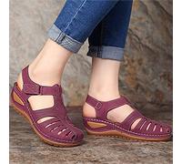 HHZY Sandales Compensées Femme Été Confortable Nu-Pieds Élégance Casual Chaussures Orthopédique Tête Ronde Rétro Chaussures de Plage Plateforme Cuir PU Grande Taille,Violet,39