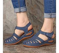 HHZY Sandales Compensées Femme Été Confortable Nu-Pieds Élégance Casual Chaussures Orthopédique Tête Ronde Rétro Chaussures de Plage Plateforme Cuir PU Grande Taille,Bleu,38