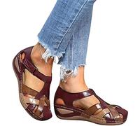 HHZY Sandales Compensees Femme Été Espadrille Plateforme Bout Fermé Sandale Cuir Croiser Coupé Casual Respirant Chaussures de Plage,Rouge,39