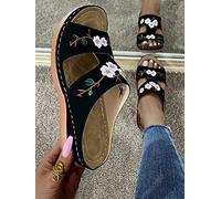 HHZY Sandales Confortables Orthopédiques pour Femme Sandales Brodées de Fleurs pour Dames Sandales Compensées Décontractées Chaussures de Plage Mules D'été,Noir,US8/EU39