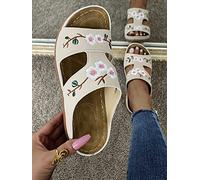 HHZY Sandales Confortables Orthopédiques pour Femme Sandales Brodées de Fleurs pour Dames Sandales Compensées Décontractées Chaussures de Plage Mules D'été,Beige,US6/EU37