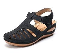 HHZY Sandales Femme Été Confortable Talon Compensées Nu-Pieds Mode Chaussure Orthopédique Bout Fermé Plateforme Cuir PU Grande Taille Chaussures de Plage,Noir,38