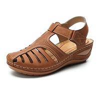 HHZY Sandales Femme Été Confortable Talon Compensées Nu-Pieds Mode Chaussure Orthopédique Bout Fermé Plateforme Cuir PU Grande Taille Chaussures de Plage,Marron,40