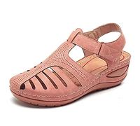 HHZY Sandales Femme Été Confortable Talon Compensées Nu-Pieds Mode Chaussure Orthopédique Bout Fermé Plateforme Cuir PU Grande Taille Chaussures de Plage,Rose,37